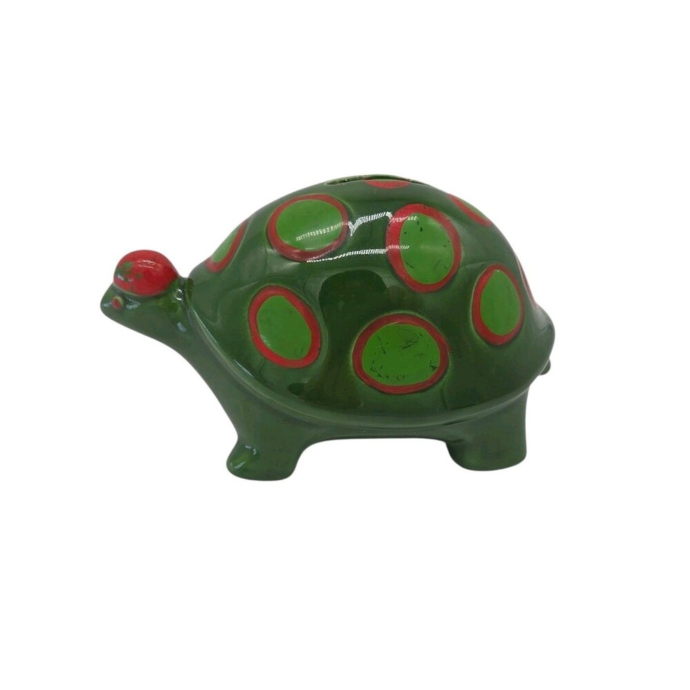 Turtle Coin Bank Sandra Pailet Vtg New York Ceramic Green Red Retro Piggy Bank